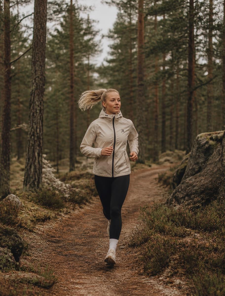 Kvinne som jogger på en skogssti