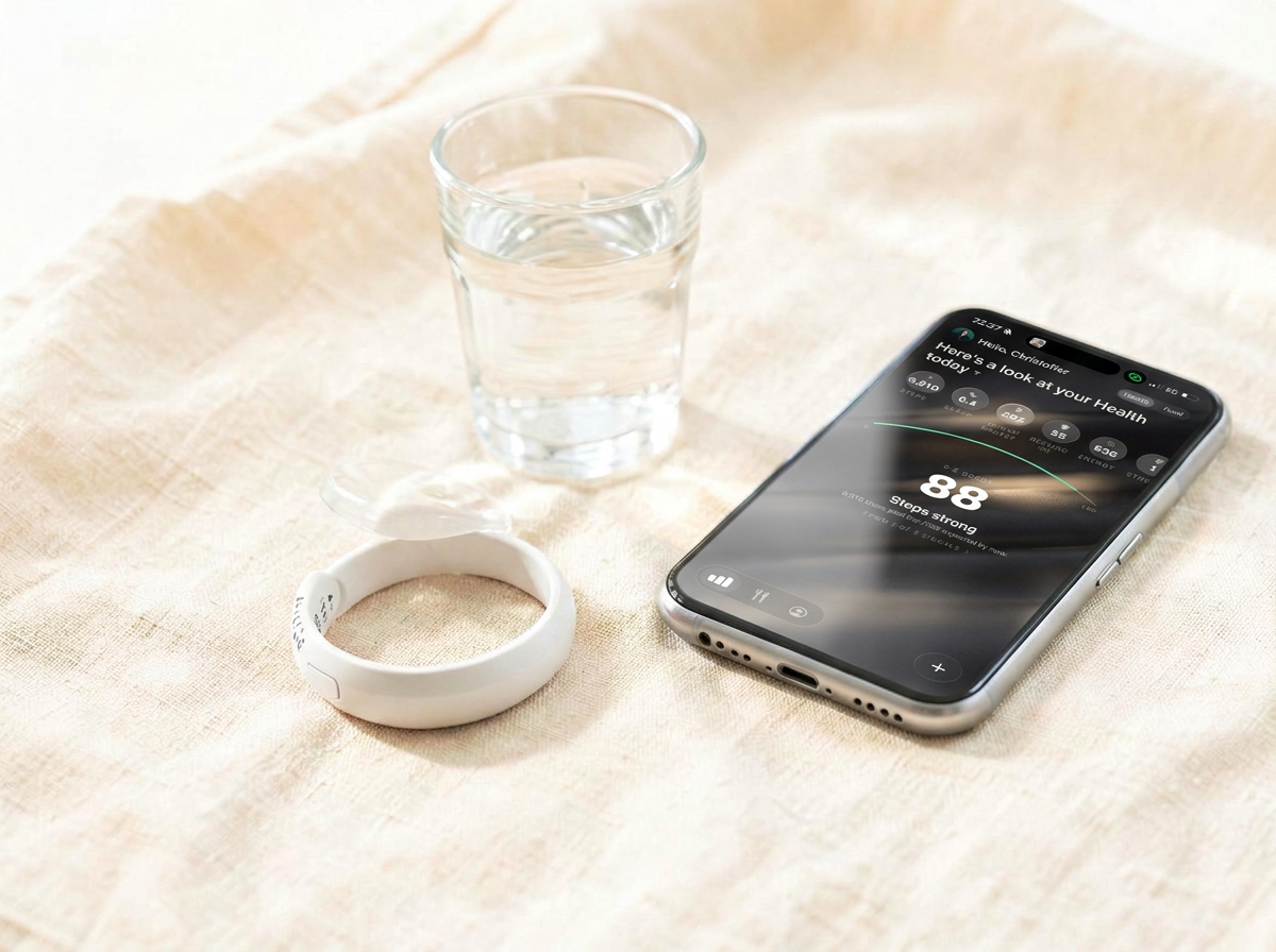 Telefon med helsedata og en ring på lin