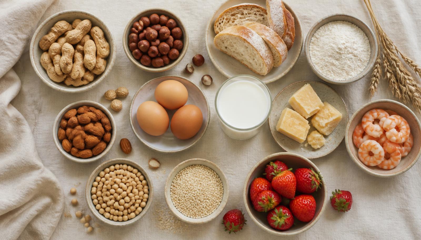 Flatlay med vanlige allergener: nøtter, egg, melk, hvete, soya, sesam, skalldyr og jordbær