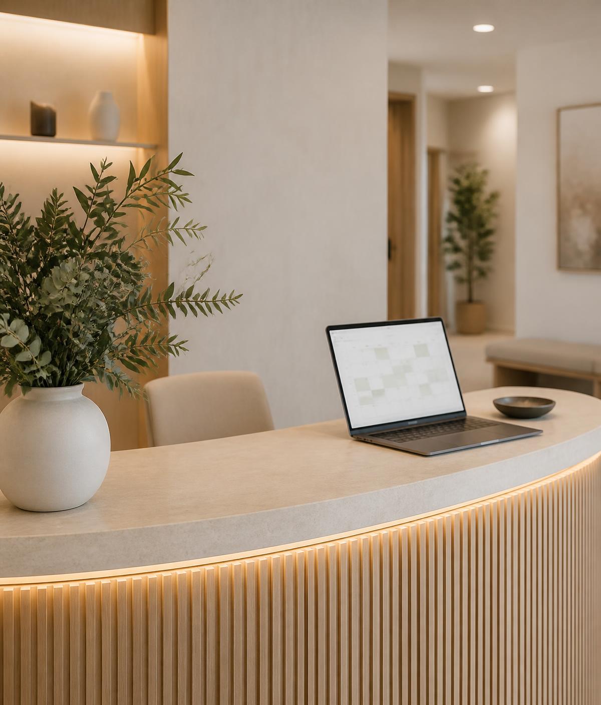 Resepsjonsdisk i en rolig nordisk klinikk med bookingkalender på en laptop