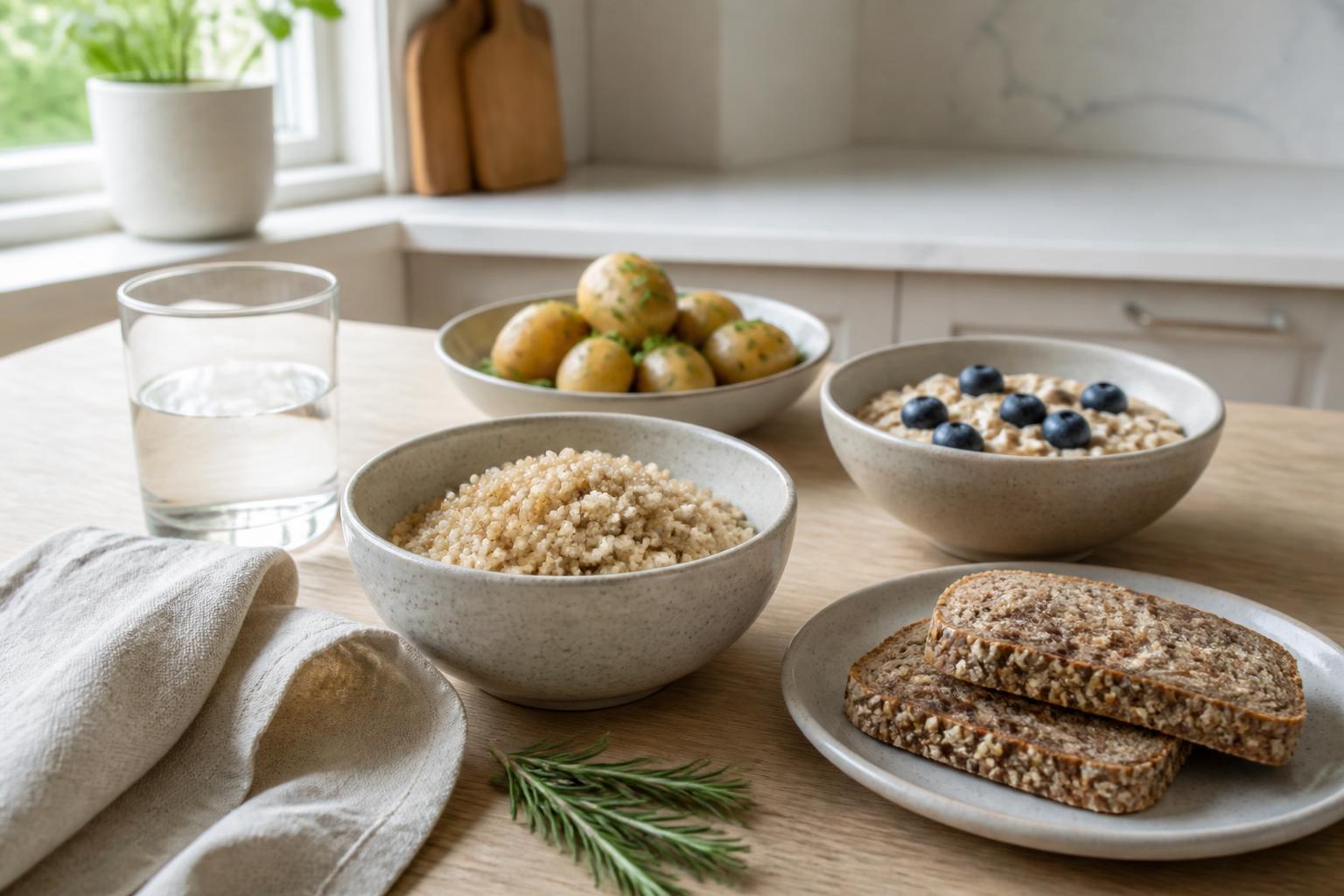 Ulike karbohydratkilder som fullkornsbrød, ris, poteter og frukt
