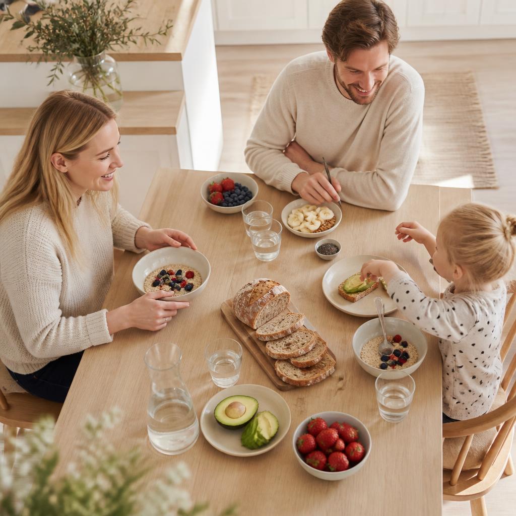 Ulike matvarer som ris, pasta, brød og frukt gruppert på et bord