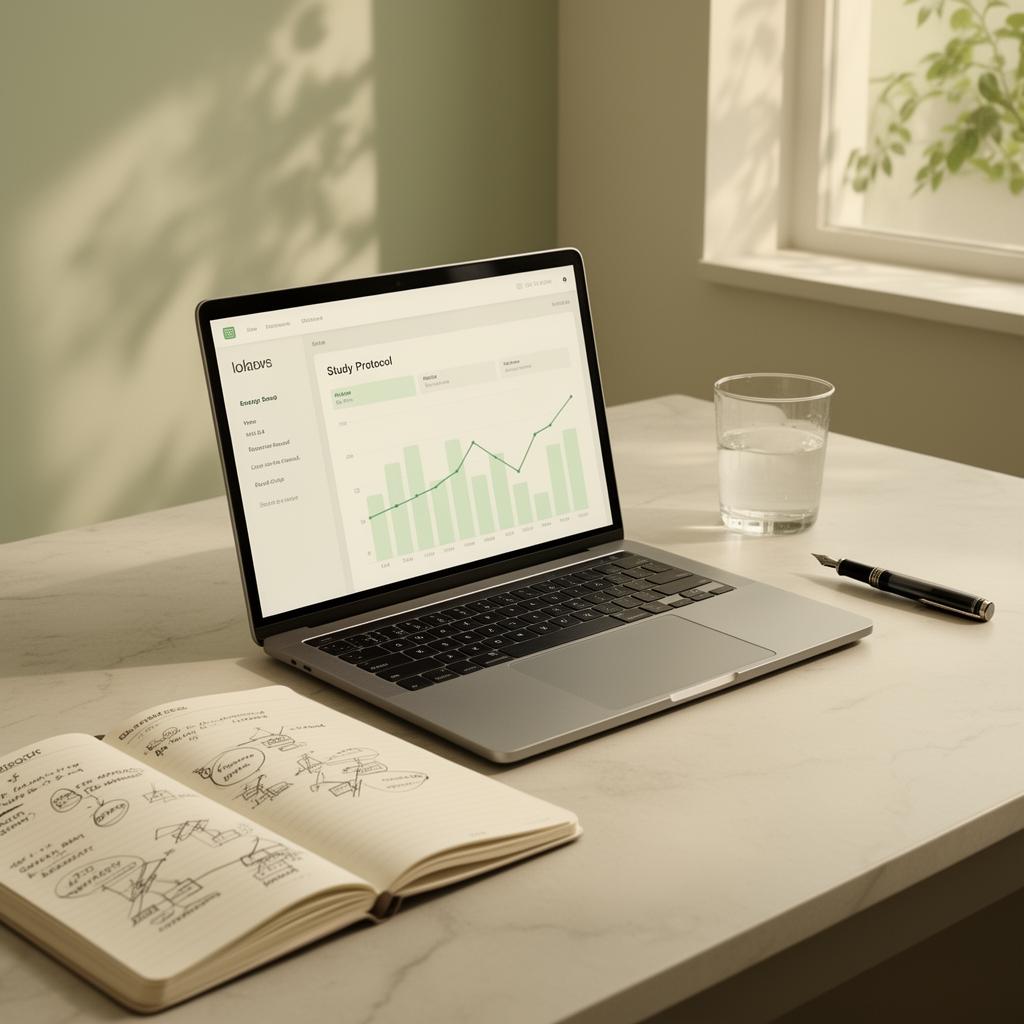 Laptop eller dashboard i rolig forsknings- eller arbeidsmiljø