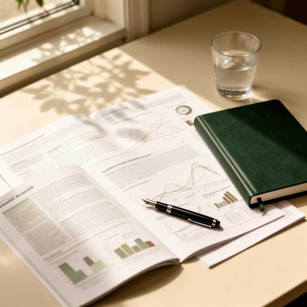 Research- og editorial-bilde med rapporter, notater og faglig modellering