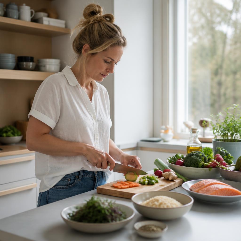Voksen person som lager et sunt og variert måltid på kjøkkenet
