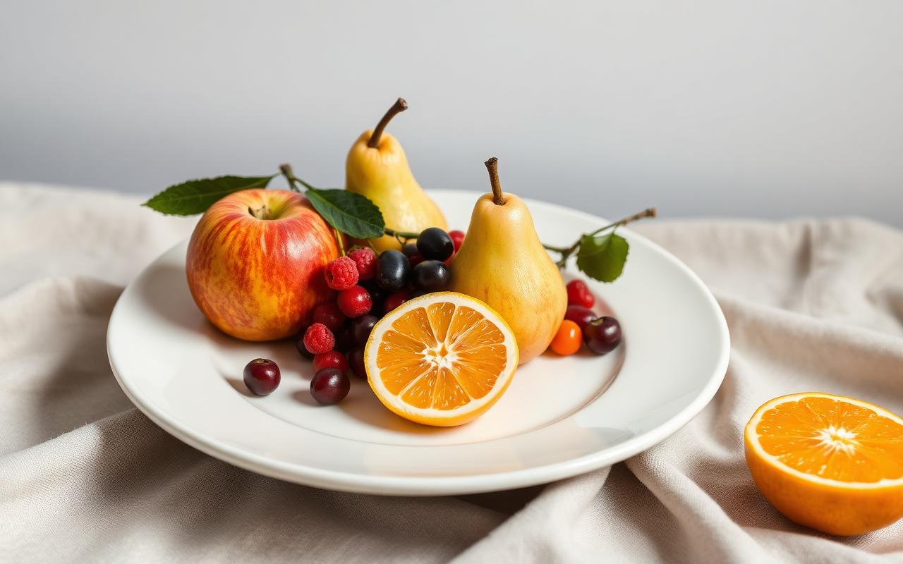 Et fat med variert frukt som epler, appelsiner og bær