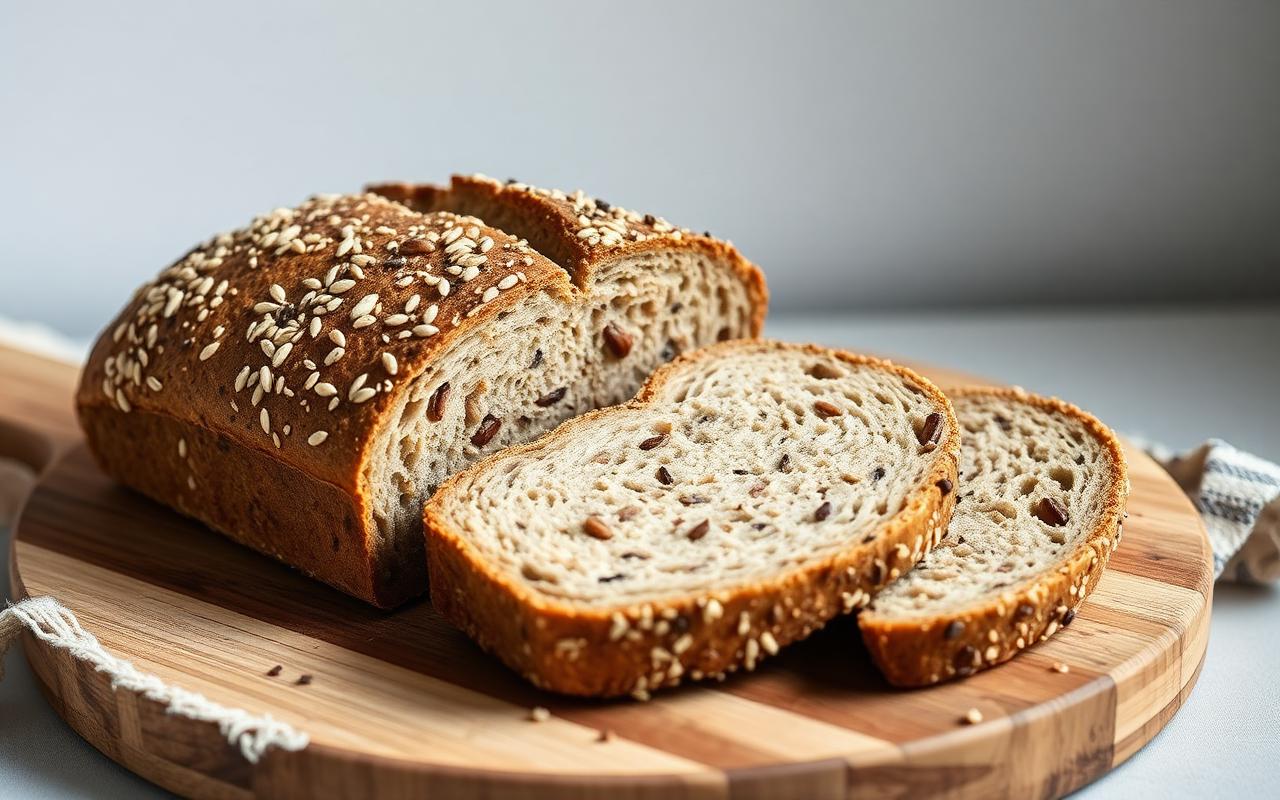 Brød og korn av fullkorn på et trebrett