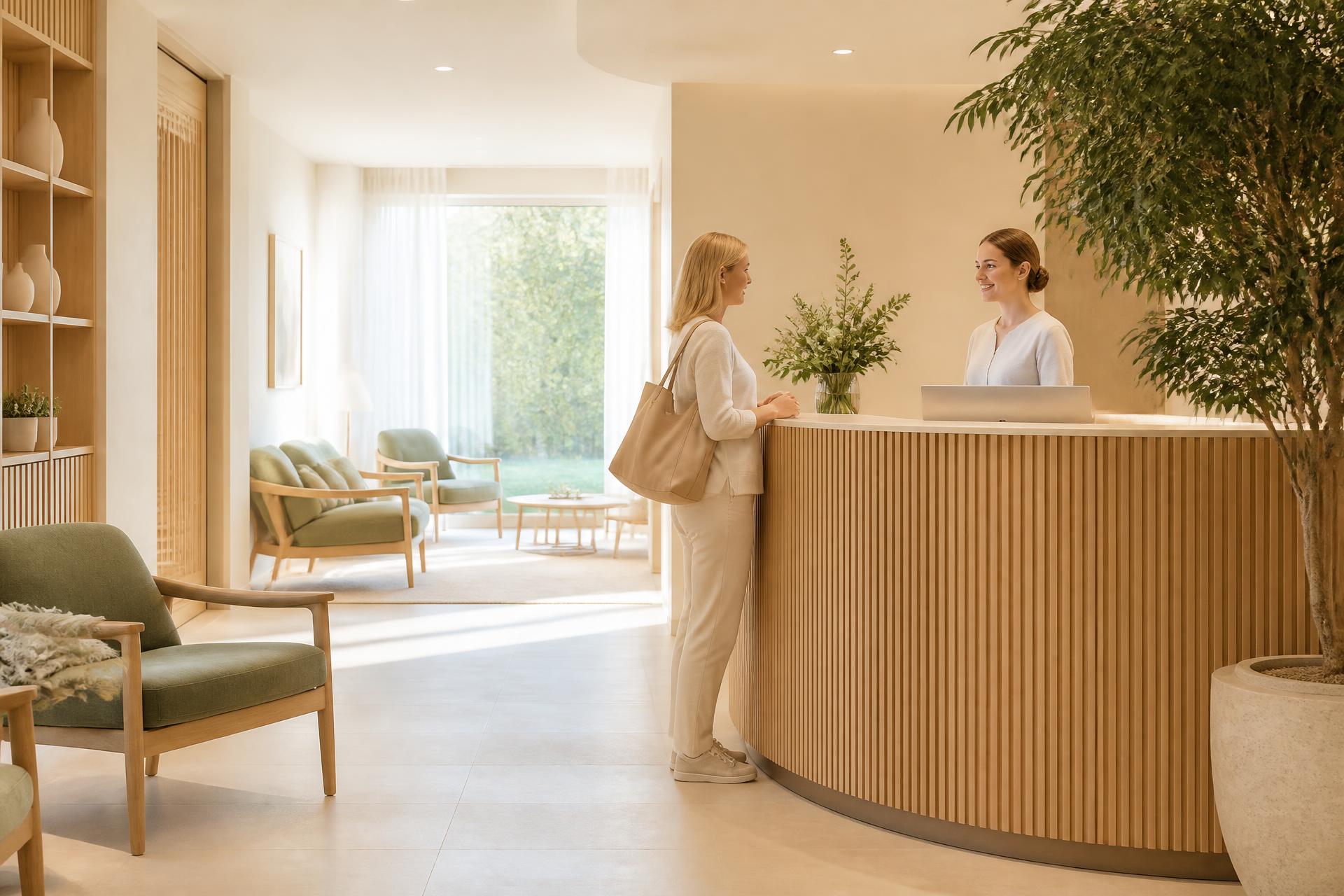 Lys nordisk klinikkresepsjon med varme kremtoner og eik