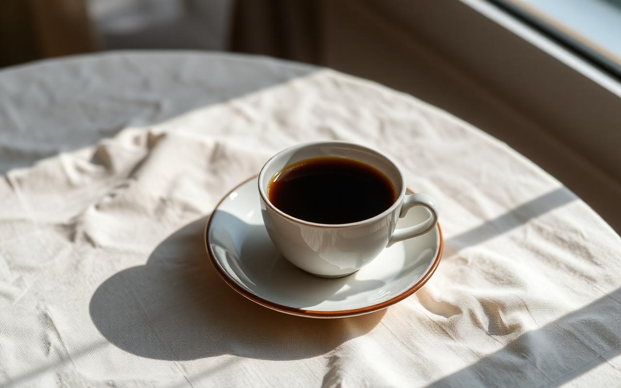 Kopp med nytraktet kaffe på et kjøkkenbord
