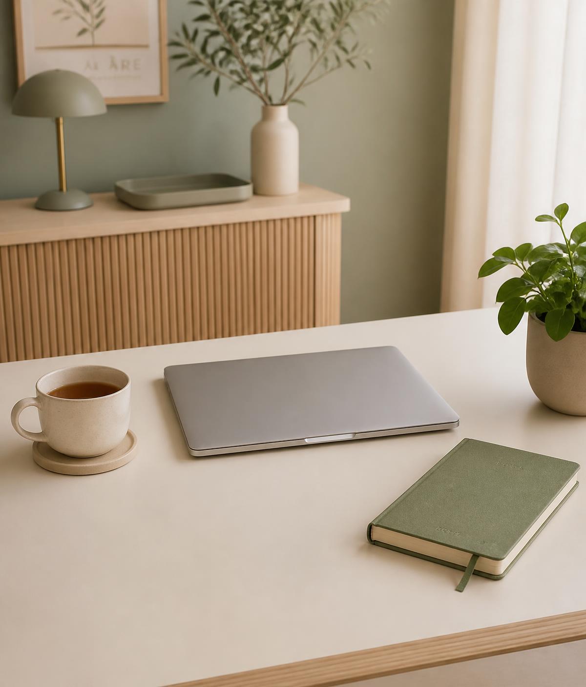 Ryddig skrivebord med laptop, te og notatbok
