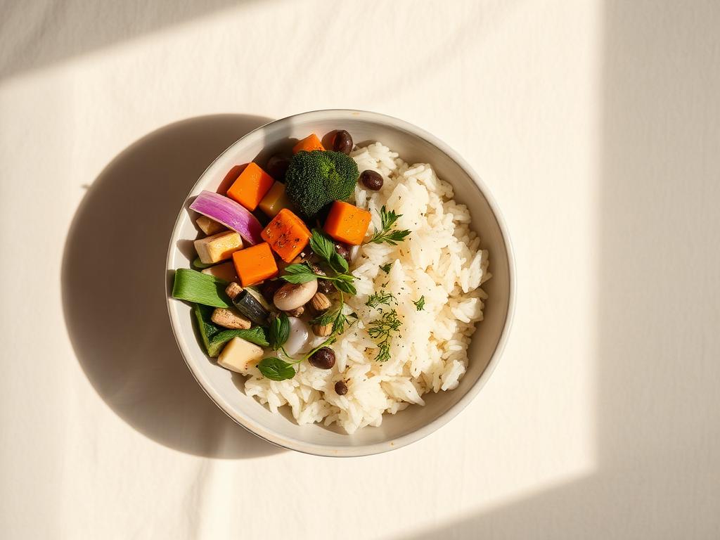 Et balansert måltid med grønnsaker, protein og karbohydrater på en tallerken