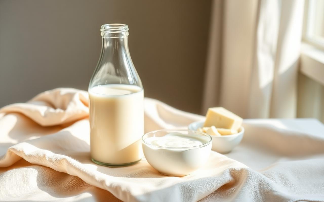 Melk, yoghurt og ostebiter på et kjøkkenbord