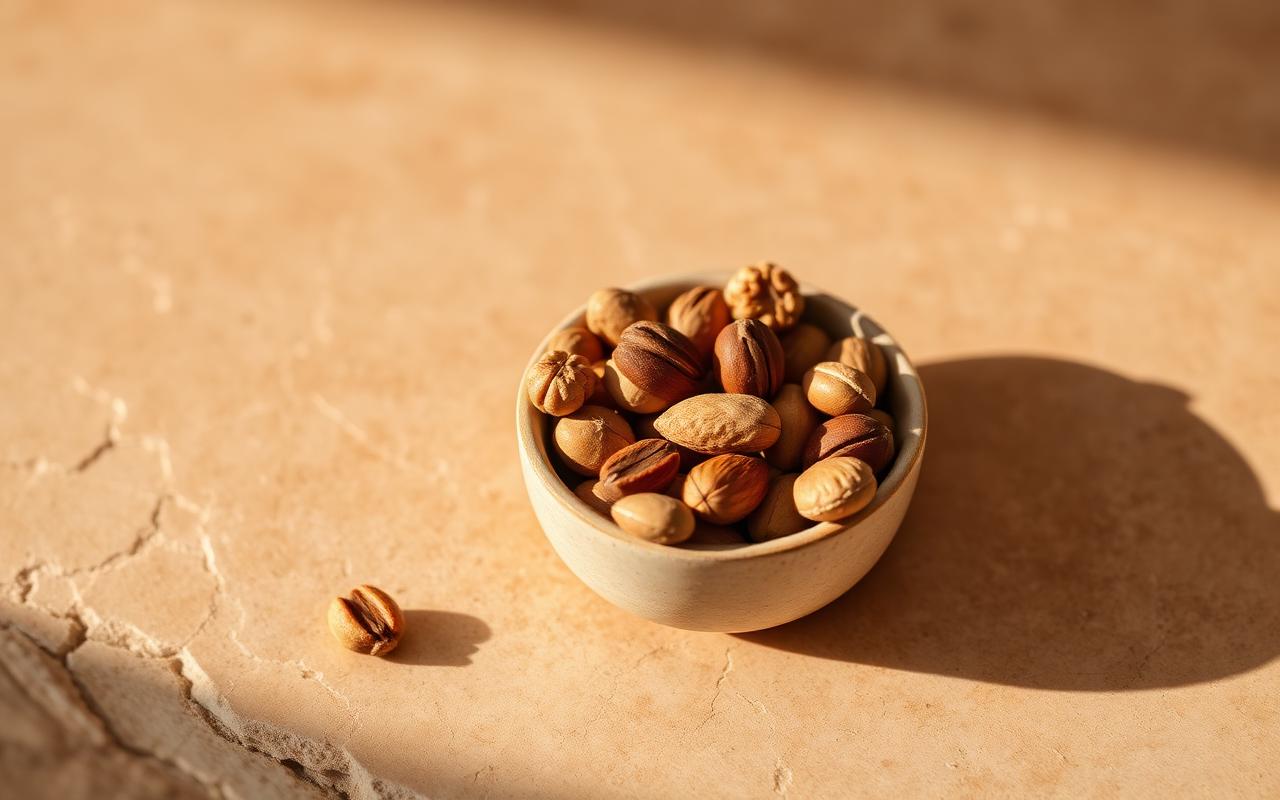 Et utvalg av nøtter som mandler, valnøtter og cashewnøtter i en skål