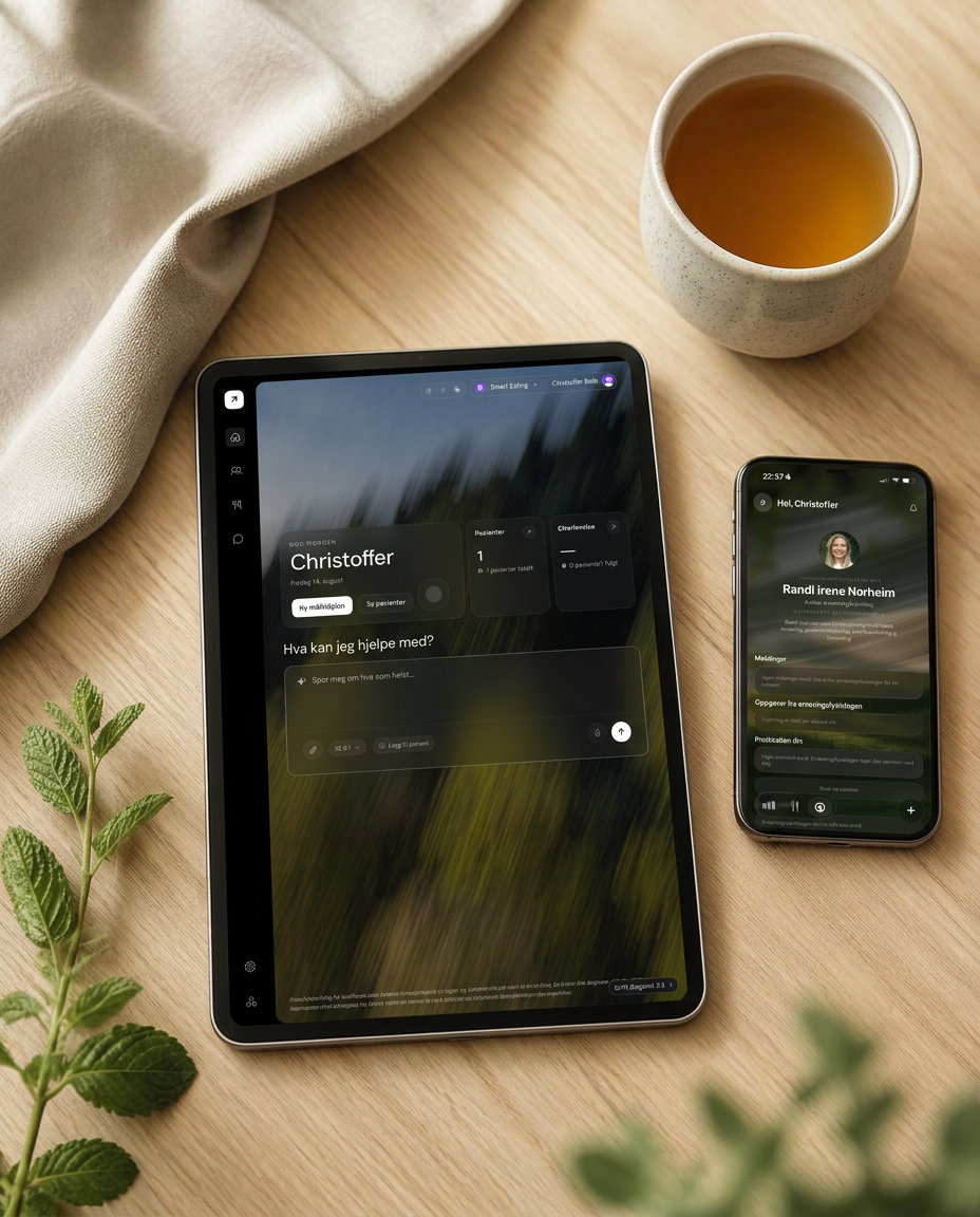Nettbrett med SmartEating-dashbordet og telefon med pasientappen på et lyst trebord
