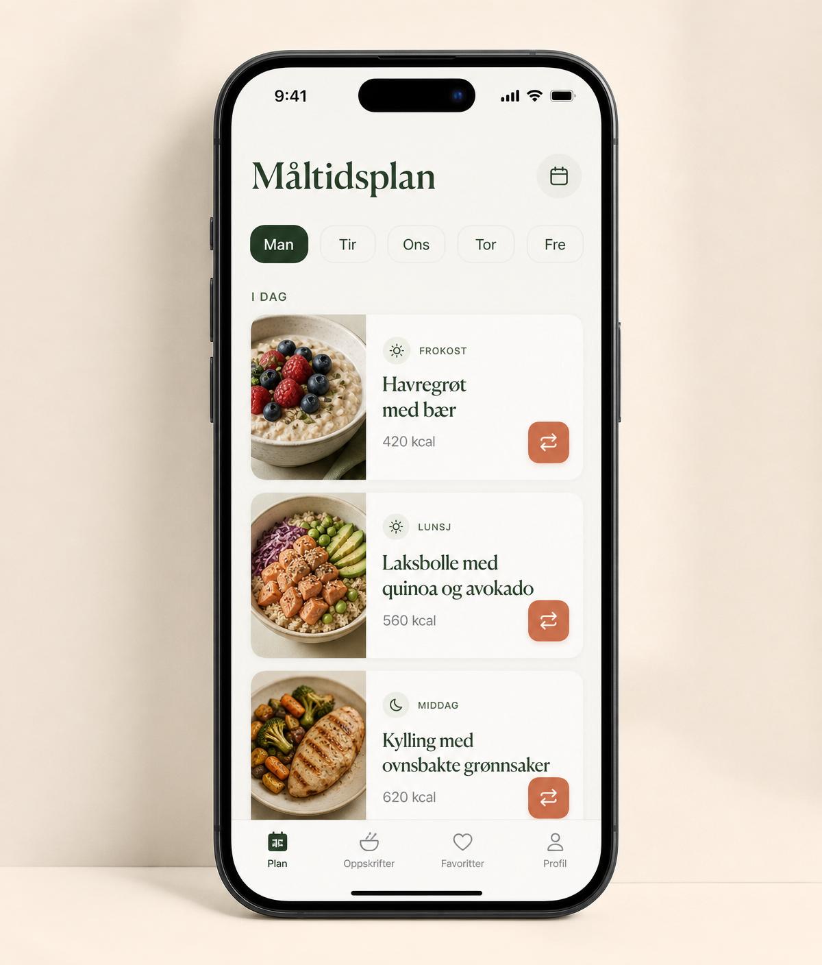 Skjermbilde av måltidsplan