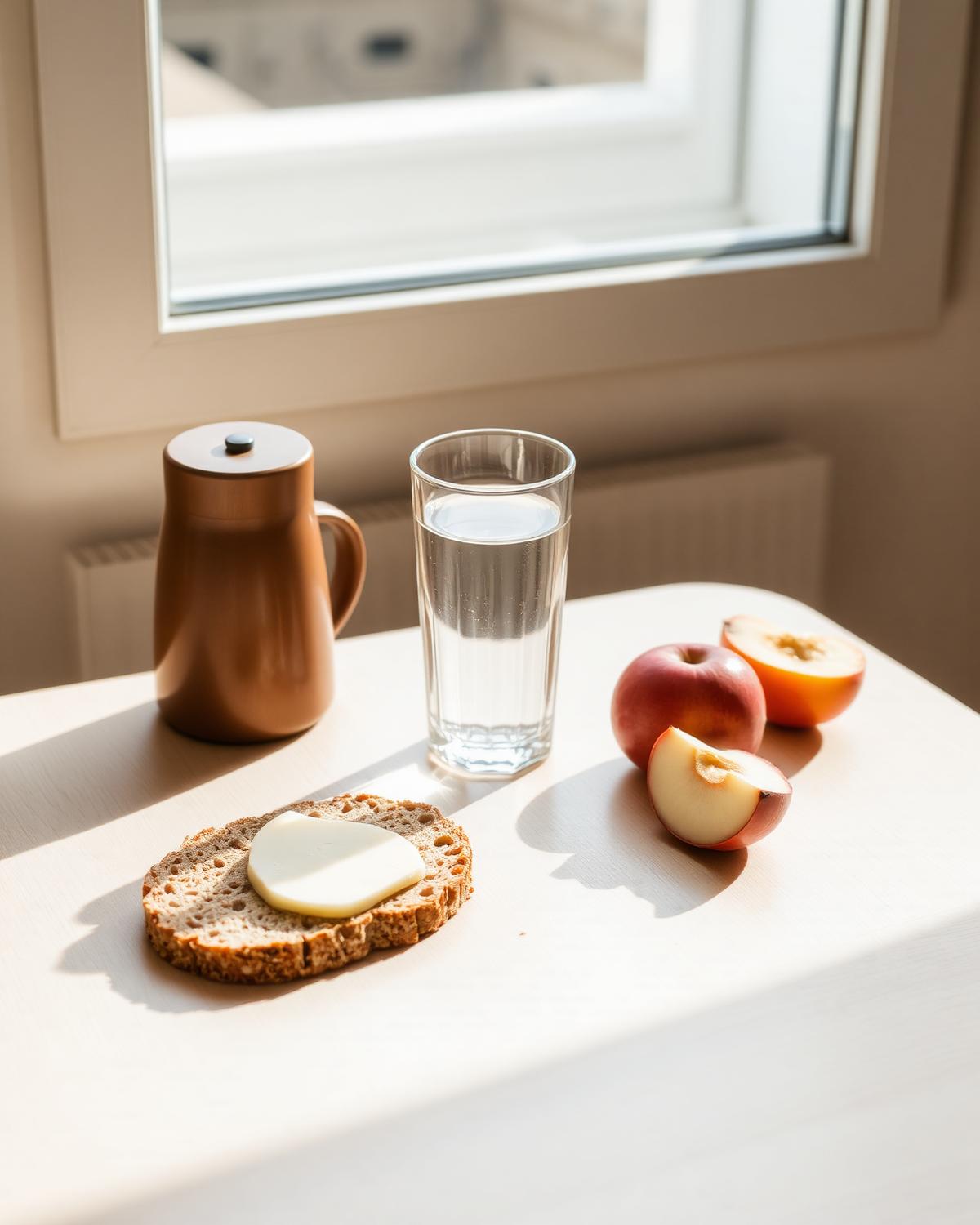 Enkel frokost med grovt brød, vann og frukt i morgenlys