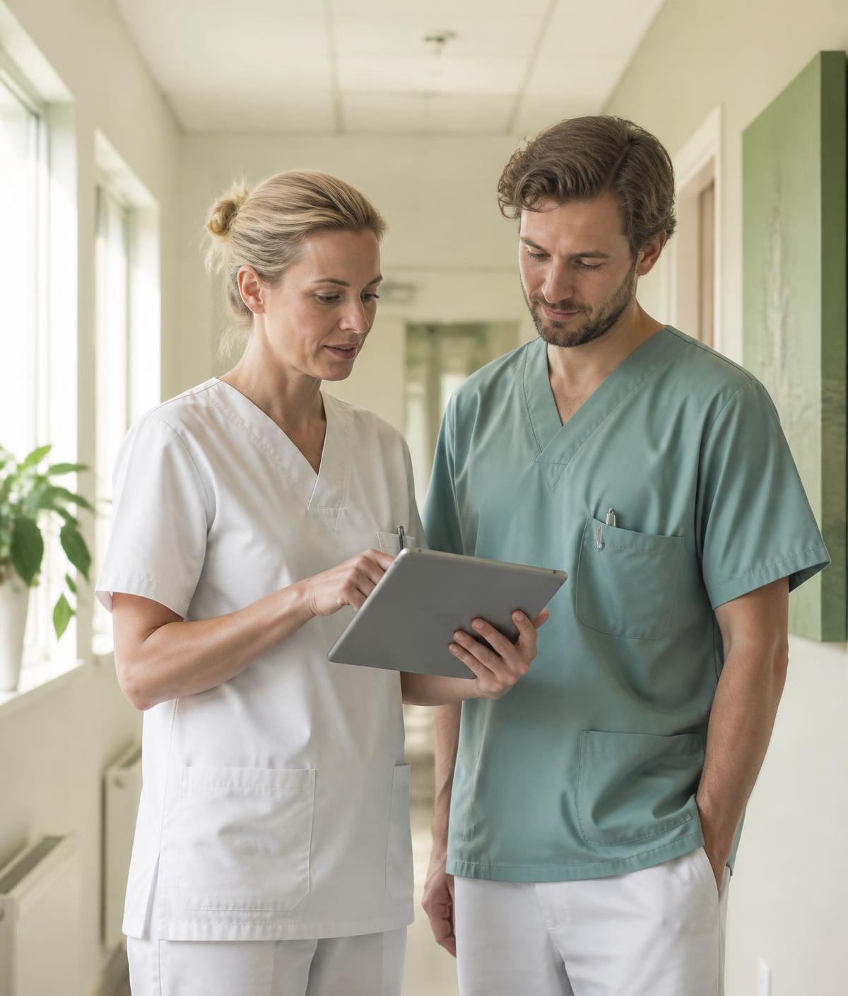 To helsearbeidere som ser på en pasientplan på nettbrett i en lys klinikkgang